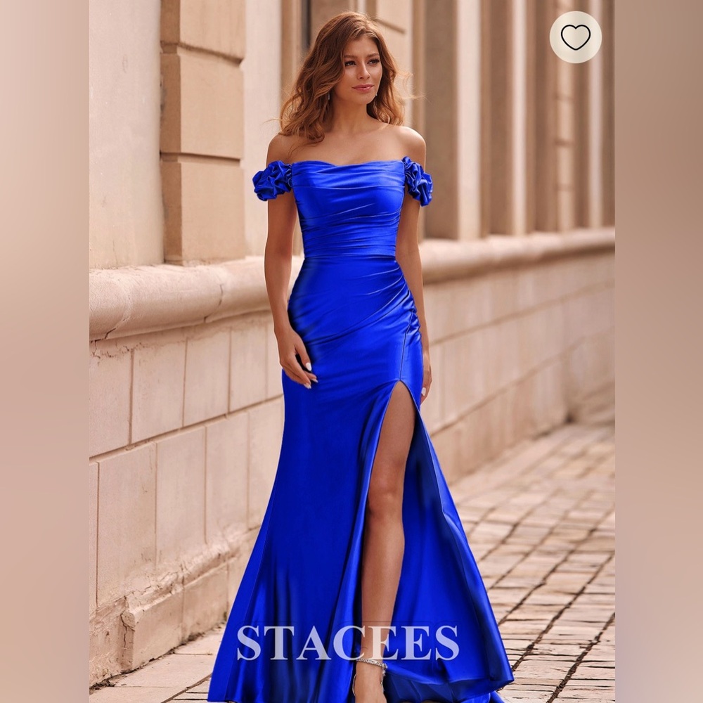 Stacees- Mermaid Ruffled Off-the-Shoulder Slit Prom Dress with Puff Sleeves